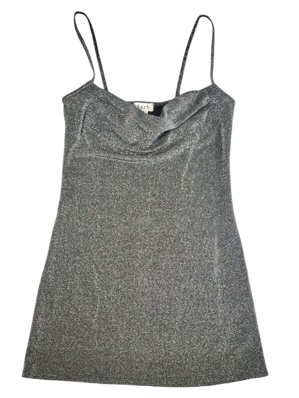 Vintage 90s tart Sparkly Mini Dress Metallic Silver Cowl Neck Lurex Disco Sz L